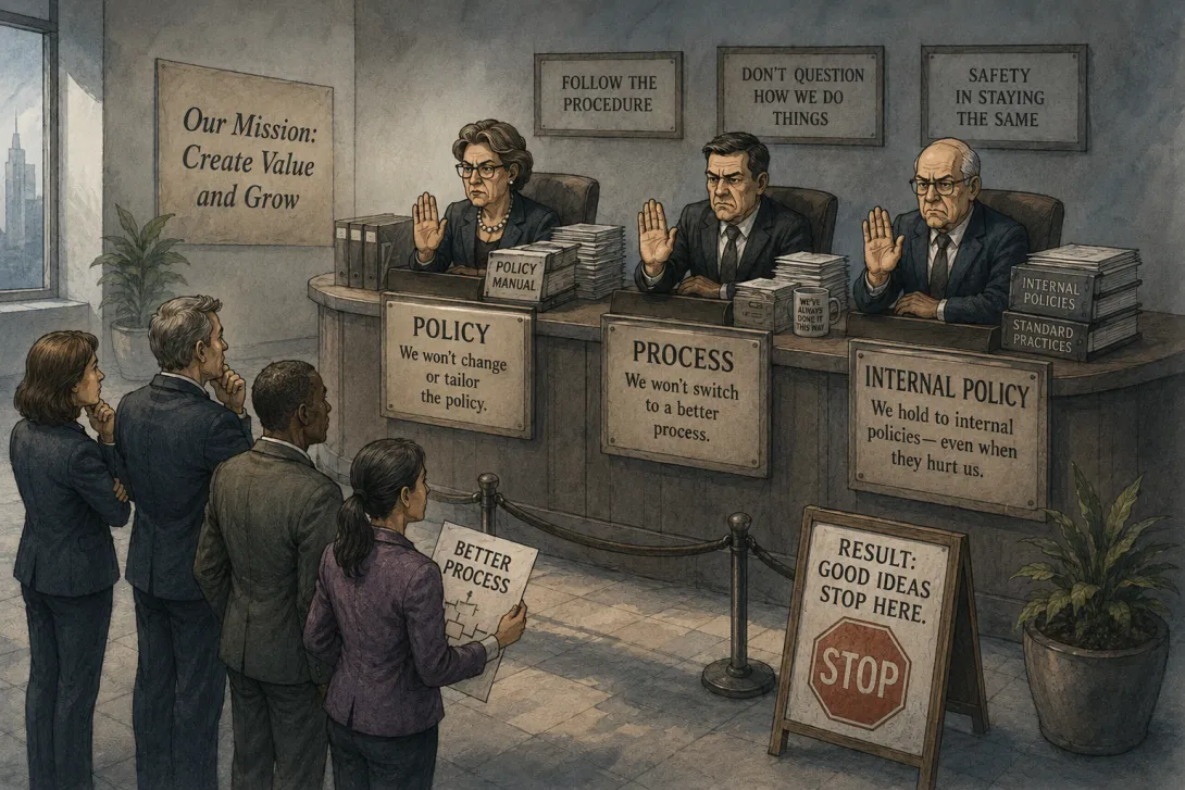 Editorial cartoon of process stopping good ideas